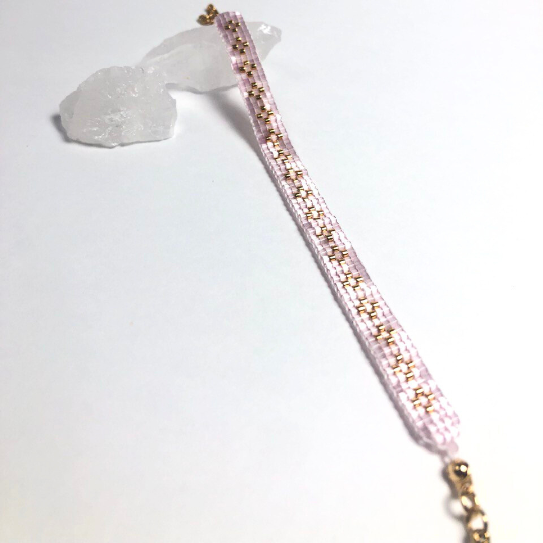 Pink satin, gold Miyuki Delica beads bracelet.