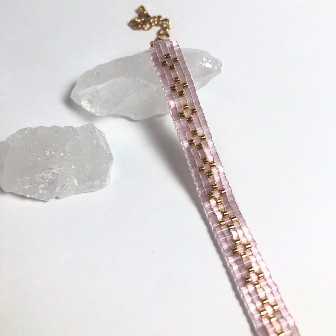 Pink satin, gold Miyuki Delica beads bracelet.