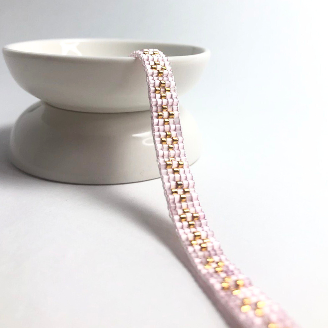 Pink satin, gold Miyuki Delica beads bracelet.