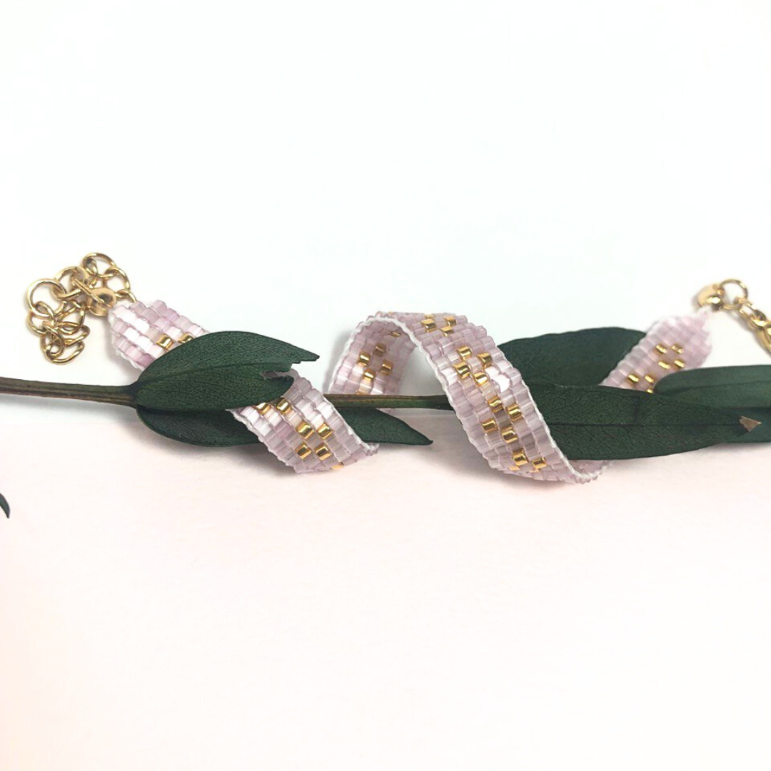 Pink satin, gold Miyuki Delica beads bracelet.