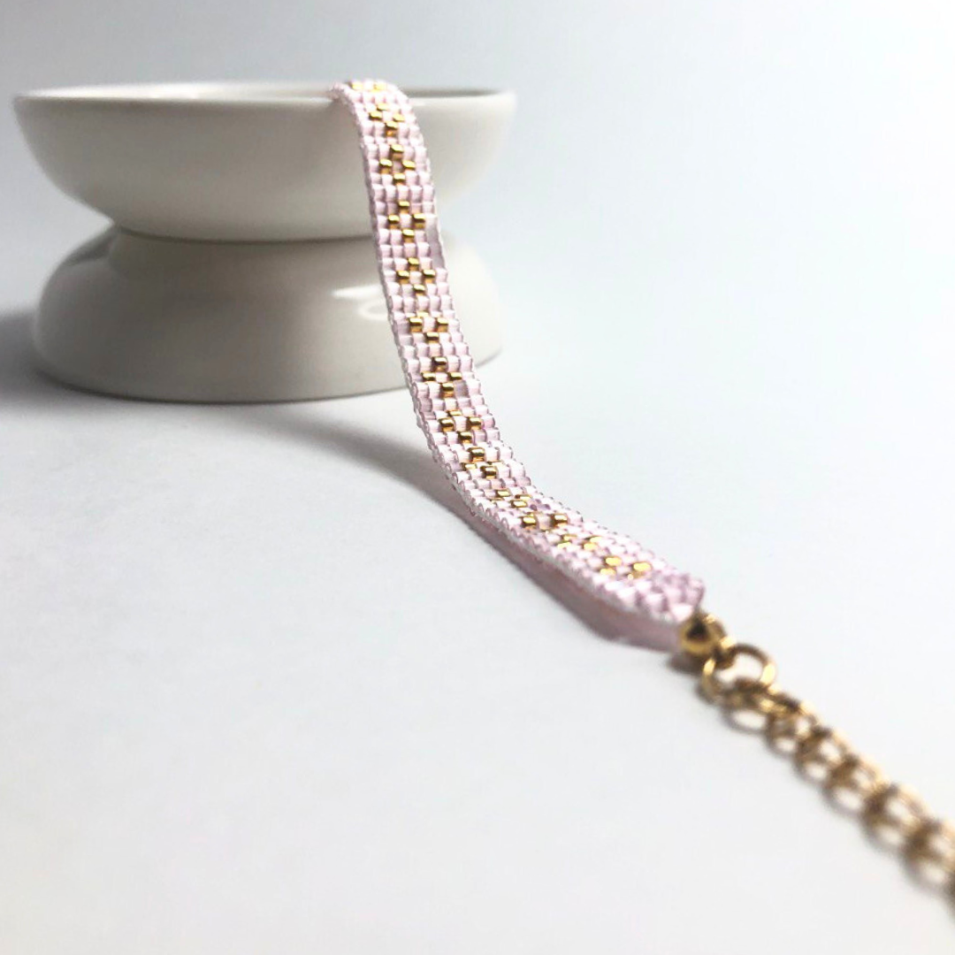 Pink satin, gold Miyuki Delica beads bracelet.
